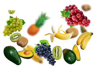Avokado, grape, kiwi, banan, ananas levitate on a white background, healthy diet. Fresh fruits and vegetables.
