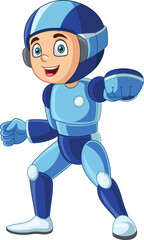 Cartoon cute boy wearing humanoid robot