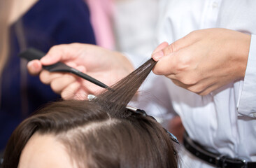 Naklejka premium Hairdresser stylist takes care of girl's hair. Hair care procedures in a beauty salon. Hair treatment, coloring and styling. Botox and hair lamination keratin straightening.