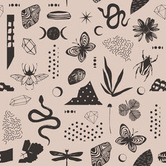 Mystic seamless pattern with occult objects. Vector background.