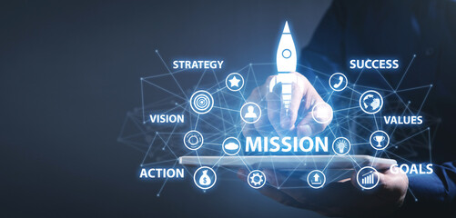 Concept of Mission with a network and business symbols.