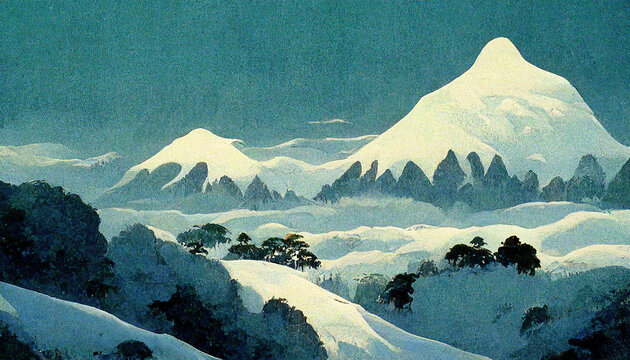 Montagnes enneigées dans le style Miyazaki