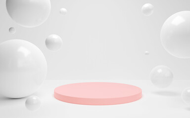 Abstract 3 D background. White sphere with pink cylinder plinth. presentation product show, platform, stage show, Cosmetics, stage performances on modern, podium, white studio. 3D render illustrations