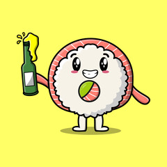 Cute cartoon character Rice sushi rolls sashimi with soda bottle in modern cute style design 