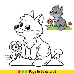 Coloring book with little wolf in cartoon style. Black and white illustration