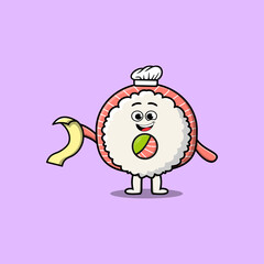 Naklejka premium Cute cartoon rice sushi rolls sashimi chef character with menu in hand