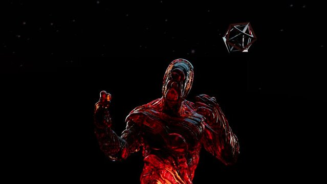 A fantastic cosmic being with an unstable transparent body, creates geometry in space. Cosmic deity, a person of the future or a character from another reality , Computer visualization, 3d rendering