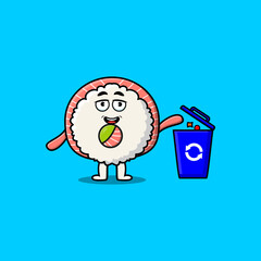 Cute cartoon rice sushi rolls sashimi throwing trash in the trash in flat modern style design 