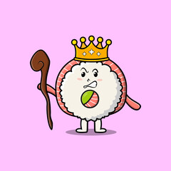 Cute cartoon rice sushi rolls sashimi mascot as wise king with golden crown and wooden stick
