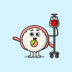 Cute cartoon illustration of rice sushi rolls sashimi having blood transfusion with modern style