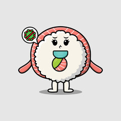 Cute cartoon illustration rice sushi rolls sashimi using mask to prevent corona virus cute design