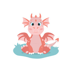 Red dragon sitting on grass. Cute cartoon character in flat style. Vector illustration on white background