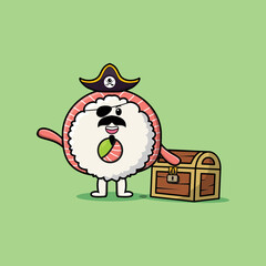 Fototapeta premium Cute cartoon character Rice sushi rolls sashimi pirate with treasure box in modern style design