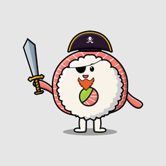 Cute cartoon mascot character rice sushi rolls sashimi pirate with hat and holding sword design