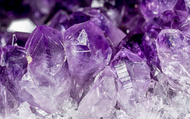 Amethyst purple crystals. Gems. Mineral crystals in the natural environment. Texture of precious...