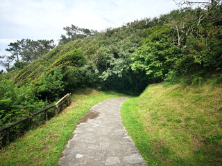 photography of the route of the viewpoints that goes from the beach of Aguilar to the viewpoint of the Holy Spirit, in San Esteban de Nalón, Asturias, Spain, tourist destination,