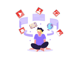 Flat illustration. Vr goggles concept. Work in the future. World meta verse. Virtual reality simulation. a digital world new technology