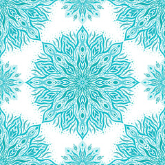 White and turquoise vector seamless pattern with mandala. Ornament, Traditional, Ethnic, Arabic, Indian motifs. Great for fabric and textile, wallpaper, packaging design or any desired idea. 