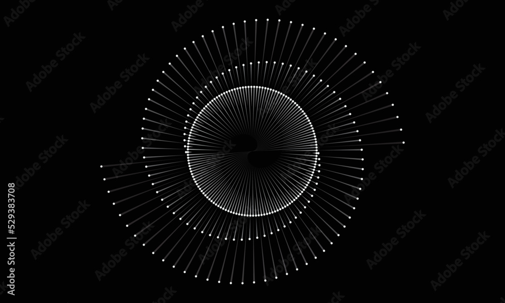 Poster white lines and dots in spiral over black background. yin and yang symbol. art line geometric design