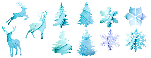 New Year's set of illustrations of deer, fir trees and snowflakes on a white background. The objects are cut out fragments of colorful alcohol ink artwork.