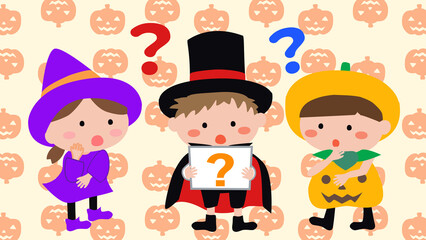 ハロウィンに謎解きする3人の子供たちのイラスト