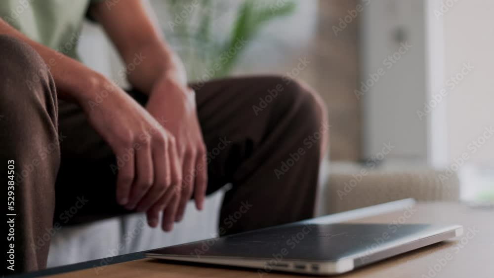 Aufkleber hands, man or laptop glitch in house living room or home interior sofa for stress, anxiety or confus