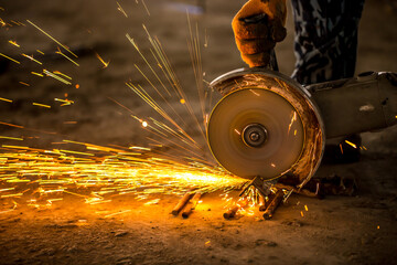 Grinding machine at work. Sparks fly from under the grinders, men's work. Dark background with copy...
