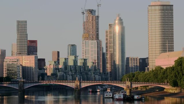 Dawn shot of massive development and skyscrapers at Nine Elms and Battersea in London