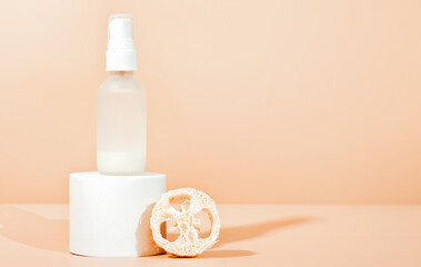 bottle with enzyme peeling solution, two phase treatment serum with fermented cosmetic product. neutral beige background, copy space