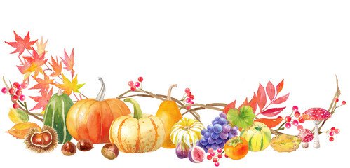 サンクスギビングデー、ハロウィンの装飾水彩イラスト。フレームデザイン。カボチャや栗、柿、ぶどうの収穫。（透過背景）