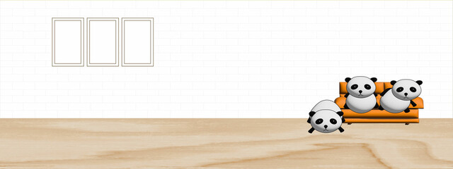 3 pandas On the brown sofa in the room, white brick wall, wooden floor, 3D concept. for illustration © Suriya