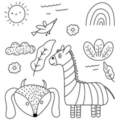 Creative art doodles hand drawn Design illustration, animal, cloud, flower , rainbow vector