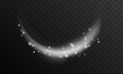 Wind blow, swirls of air with snow and whiffs of cold with snowflakes. Christmas effect of cold blizzard. Winter weather icons. White smoke and flying snowflakes, freezing breath curve trails. Vector - obrazy, fototapety, plakaty