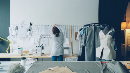 Female fashion designer is choosing and hanging clothing sketches to wall for her newest...