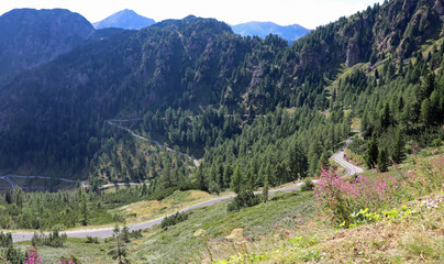 landscape of mountain range called latemar and the very steep road leading up to the pass called PASSO MANGHEN