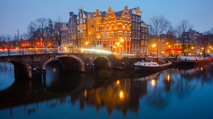Lekkeresluis Brug , Beautiful bridge in Amsterdam during autumn , winter after sunset : Amsterdam , Netherlands : November 26 , 2019