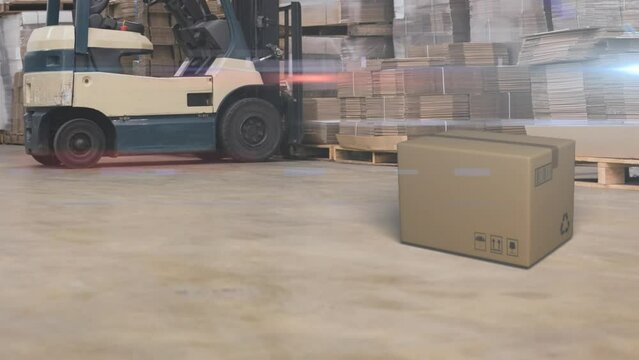 Animation of cardboard box falling on a floor with a forklift and stacked up shelves