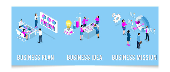 Set of 3D isometric concept of a business planning timetable, idea, mission with office workers process a work scheduling, business strategy and financial goal. Eps10 vector illustration