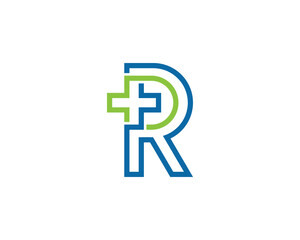 Letter R Cross Plus Logo Concept sign icon symbol Design. Medical, Health Care Logotype. Vector illustration template