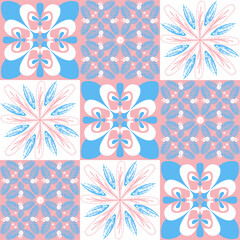 TalaVera de Puebla pastel colored ceramic tile, traditional spanish portuguese pattern for wall and ceramic tile design, pink blue white vector illustration