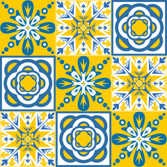 azulejo tile spanish style, TalaVera de Puebla ceramic tile blue yellow white color, beautiful ornate pattern for wall decoration