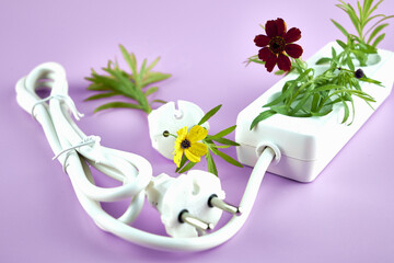 electric extension cord with plug inserted into it from which grass and flowers grow concept ecology green energy