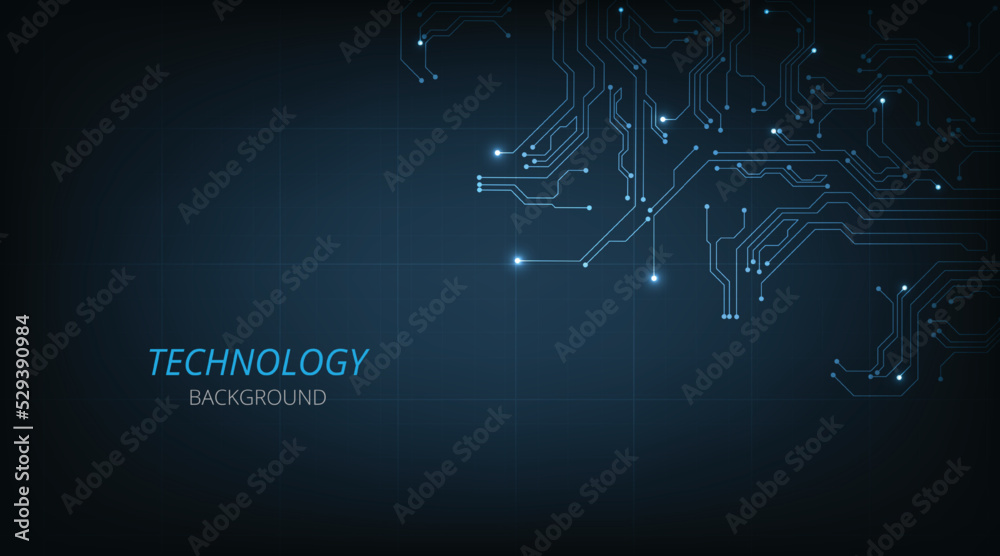 Poster Electronic circuit board on dark blue background.Vector abstract technology illustration Circuit board.High tech connection system.Technology style modern concept.