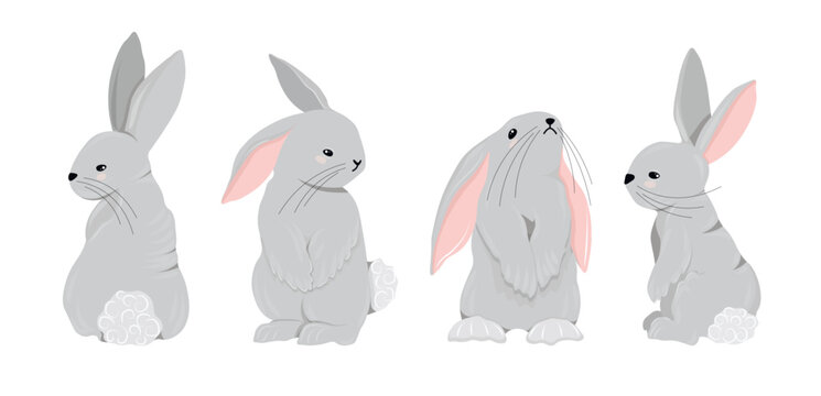 Clipart rabbits or bunnies. 2023 year symbol cute character. Isolated on a white background rabbit in different poses.