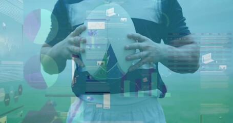 Animation of statistics and data processing over caucasian rugby player holding ball