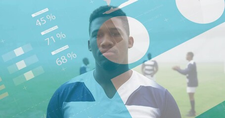 Animation of statistics and data processing over biracial rugby player - Powered by Adobe