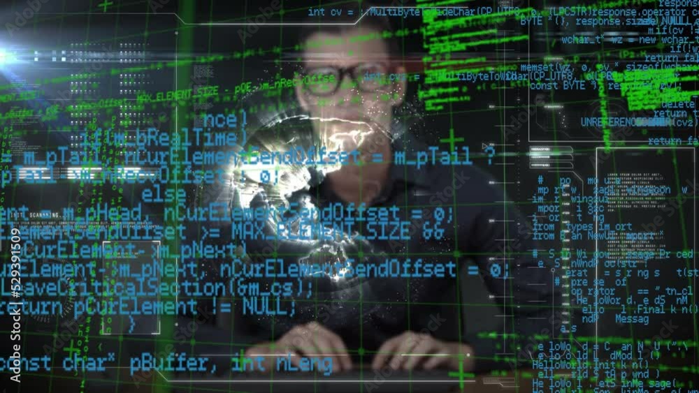Poster animation of interface with data processing over caucasian male hacker and spinning globe