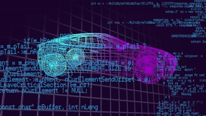 Animation of data processing over 3d car model spinning over grid network against black background - Powered by Adobe