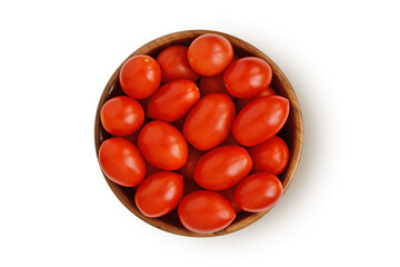 Datterini tomatoes in wooden bowl on white background