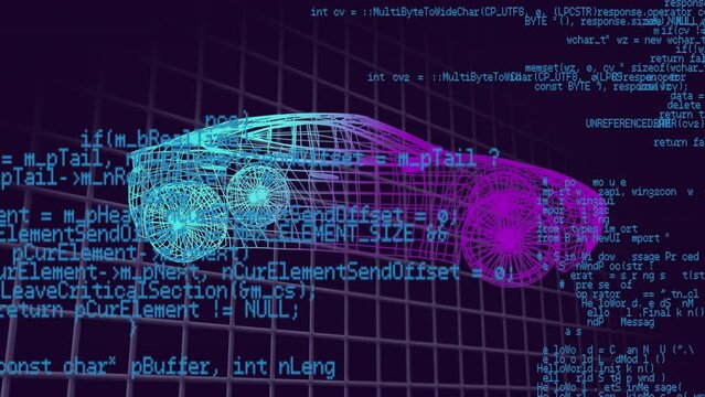 Animation of data processing over 3d car model spinning over grid network against black background - Powered by Adobe